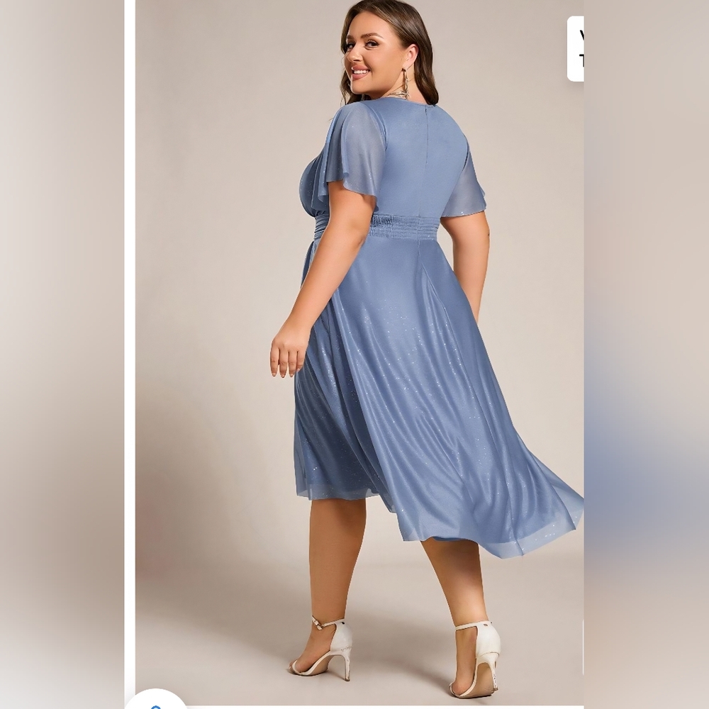 Ever Pretty Blue Round Neck Midi Dress, Sparkly Material, Flutter Sleeves SZ 16 - Picture 2 of 9